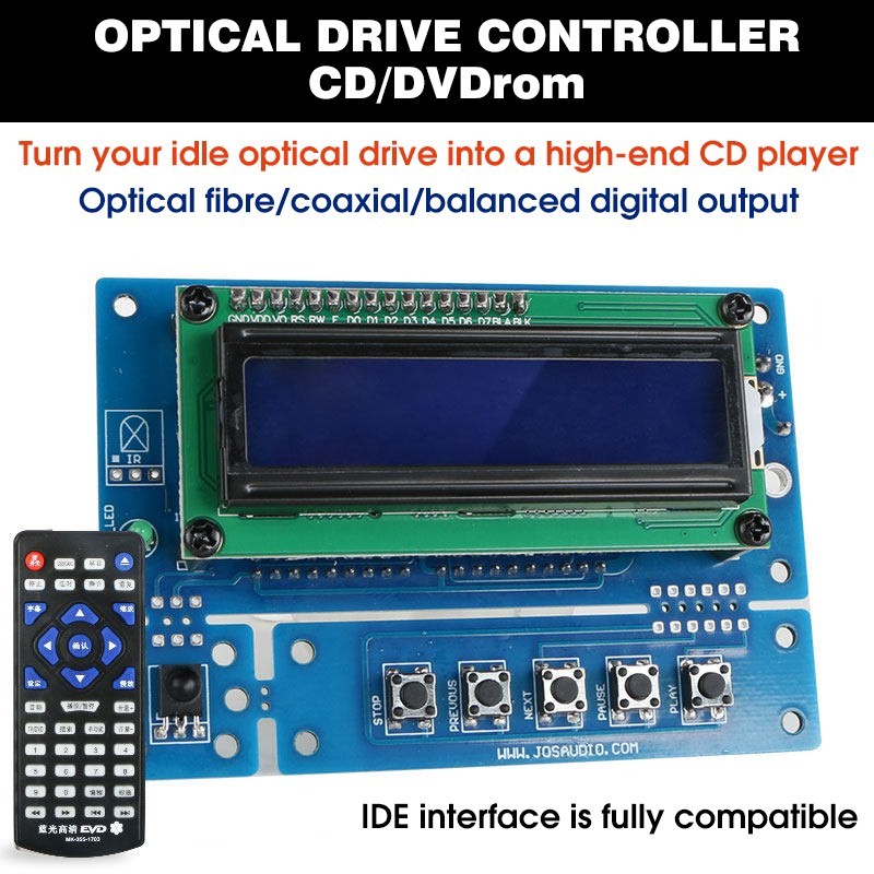 DVD optical drive converted to player, computer IDE control board, kit CD player