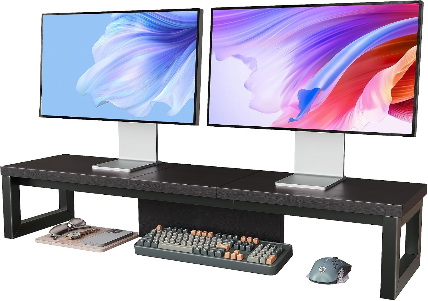 Dual Monitor Stand Riser Wood and Steel Monitor Stand for Desk Multi-Purpose