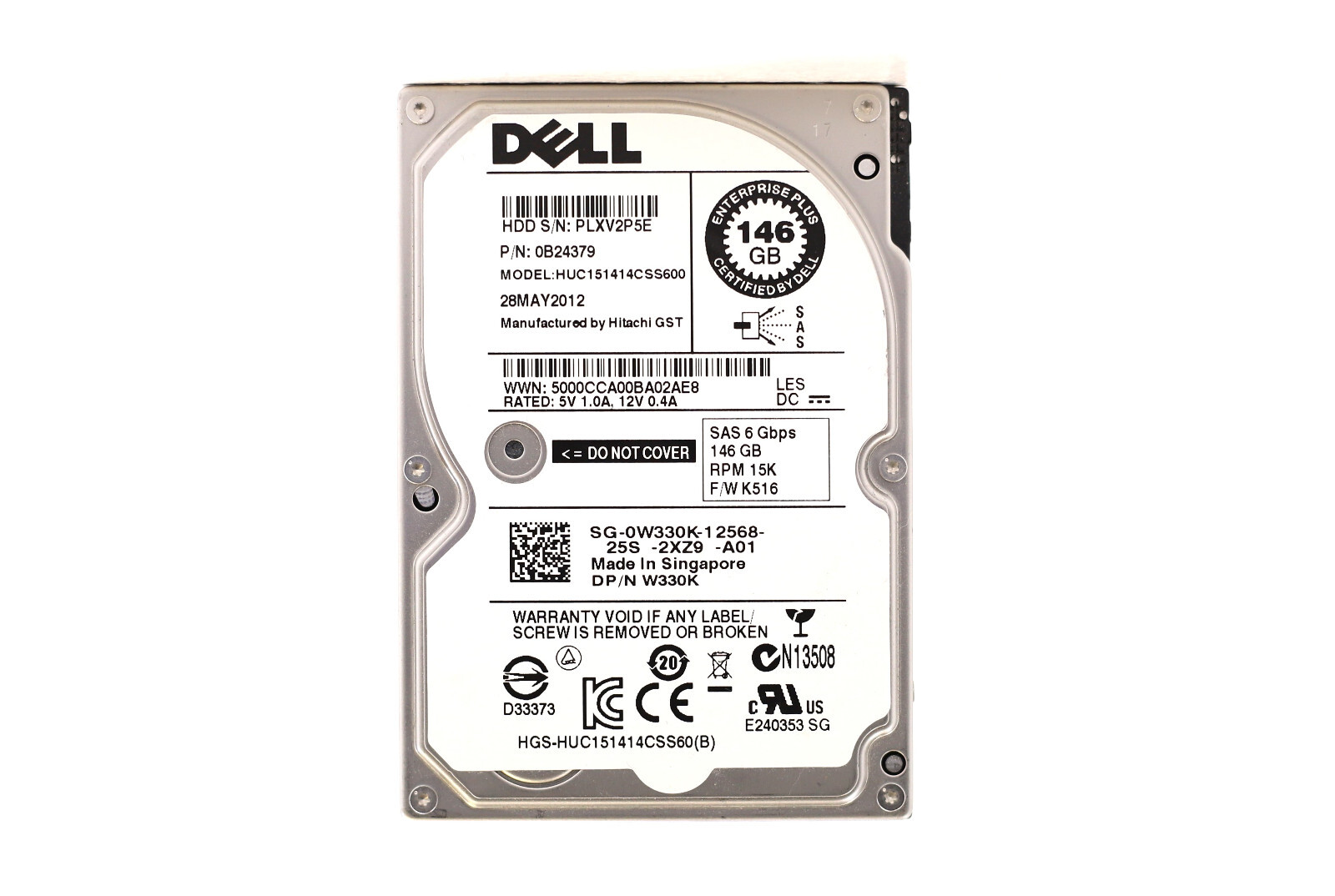 Dell HUC151414CSS600 146GB 2.5" 6Gb/s 15K RPM SAS Drive Dell P/N: 0W330K Tested