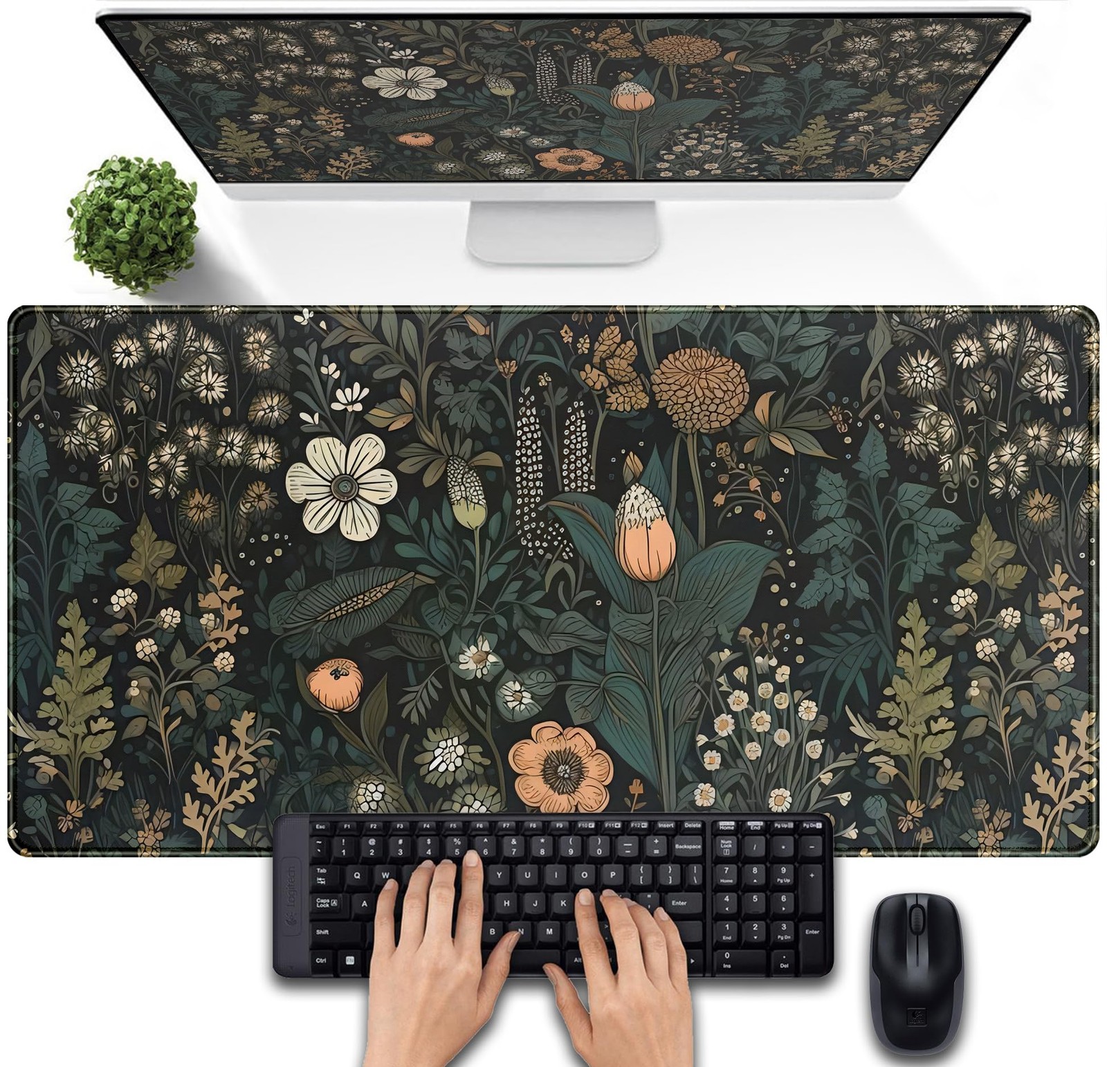 Dark Flower Desk Mat Floral Plants 31.5" x 15.8", Black Brown Flowers