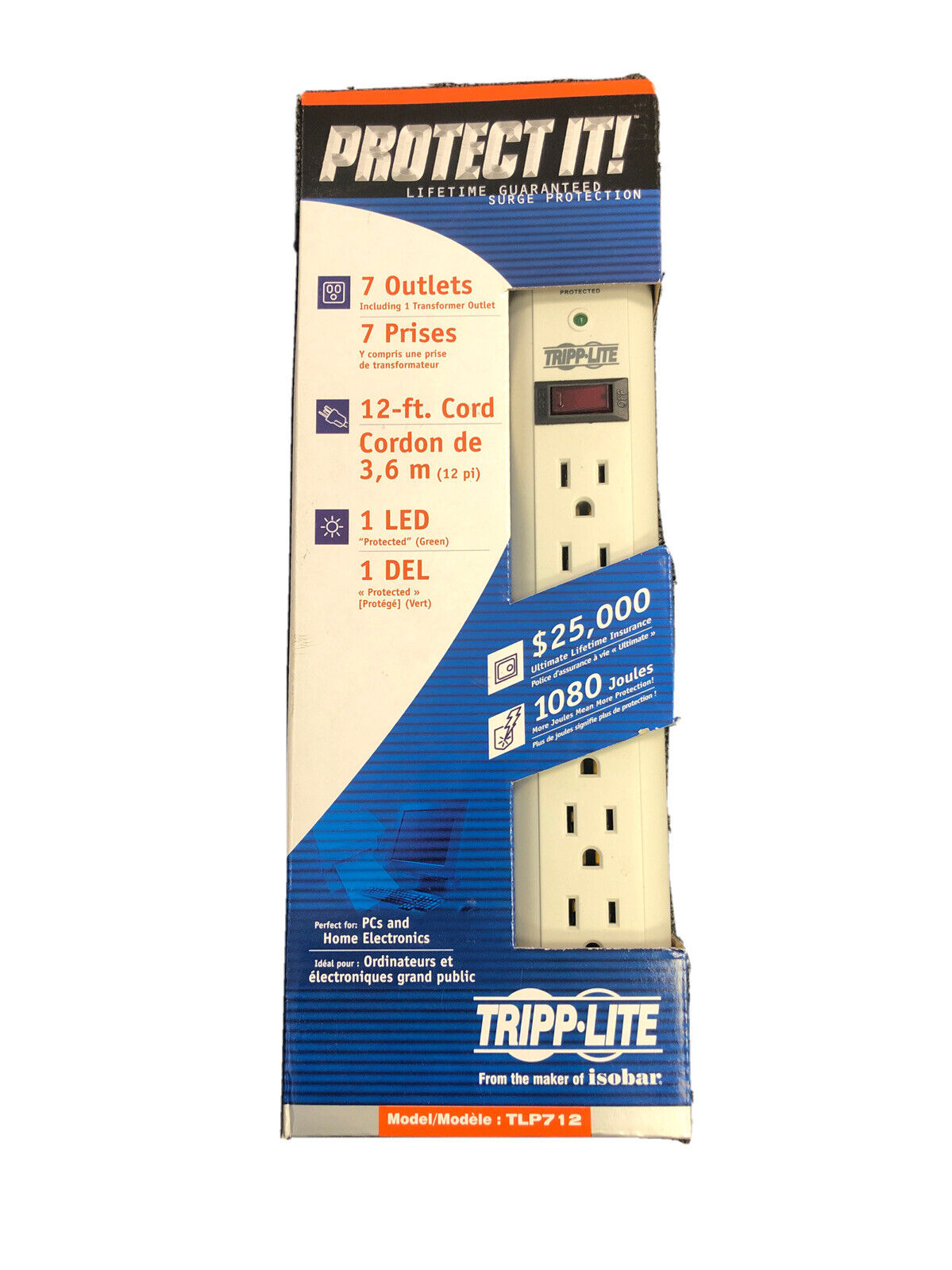 NEW Tripp-Lite TLP712, 12-ft Cord, 1 LED, 7 Outlet Surge Protectors