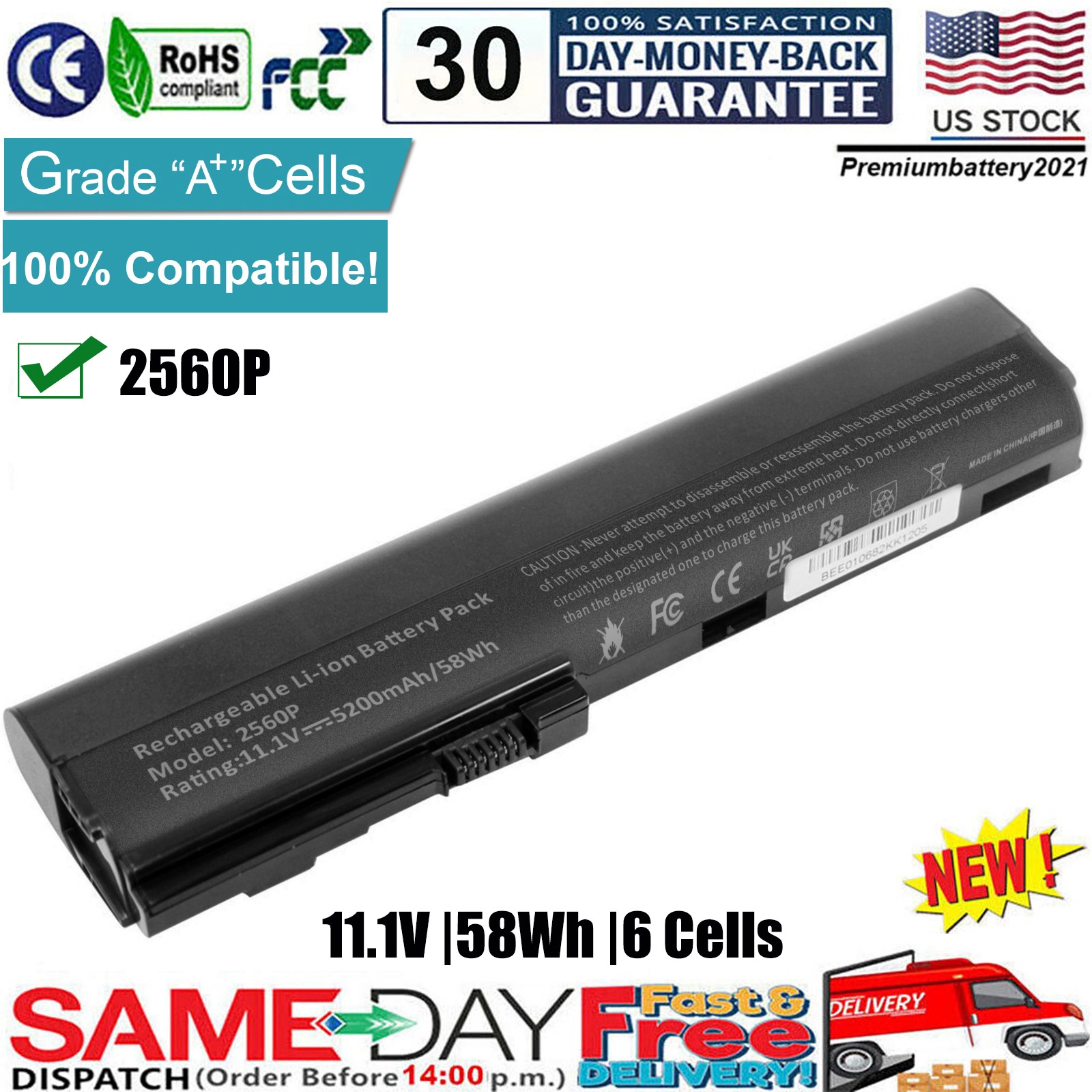 ✅6 Cell Battery for HP Elitebook 2560P 2570P SX03 SX06 HSTNN-DB2K 632423-001 NEW