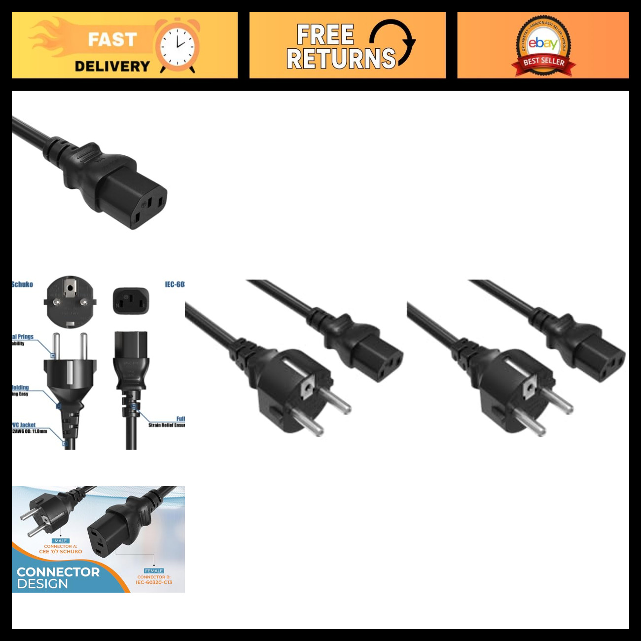 8ft 18AWG European Schuko Power Cord CEE 7/7 to IEC320 C13, 10A/250V, EU Travel