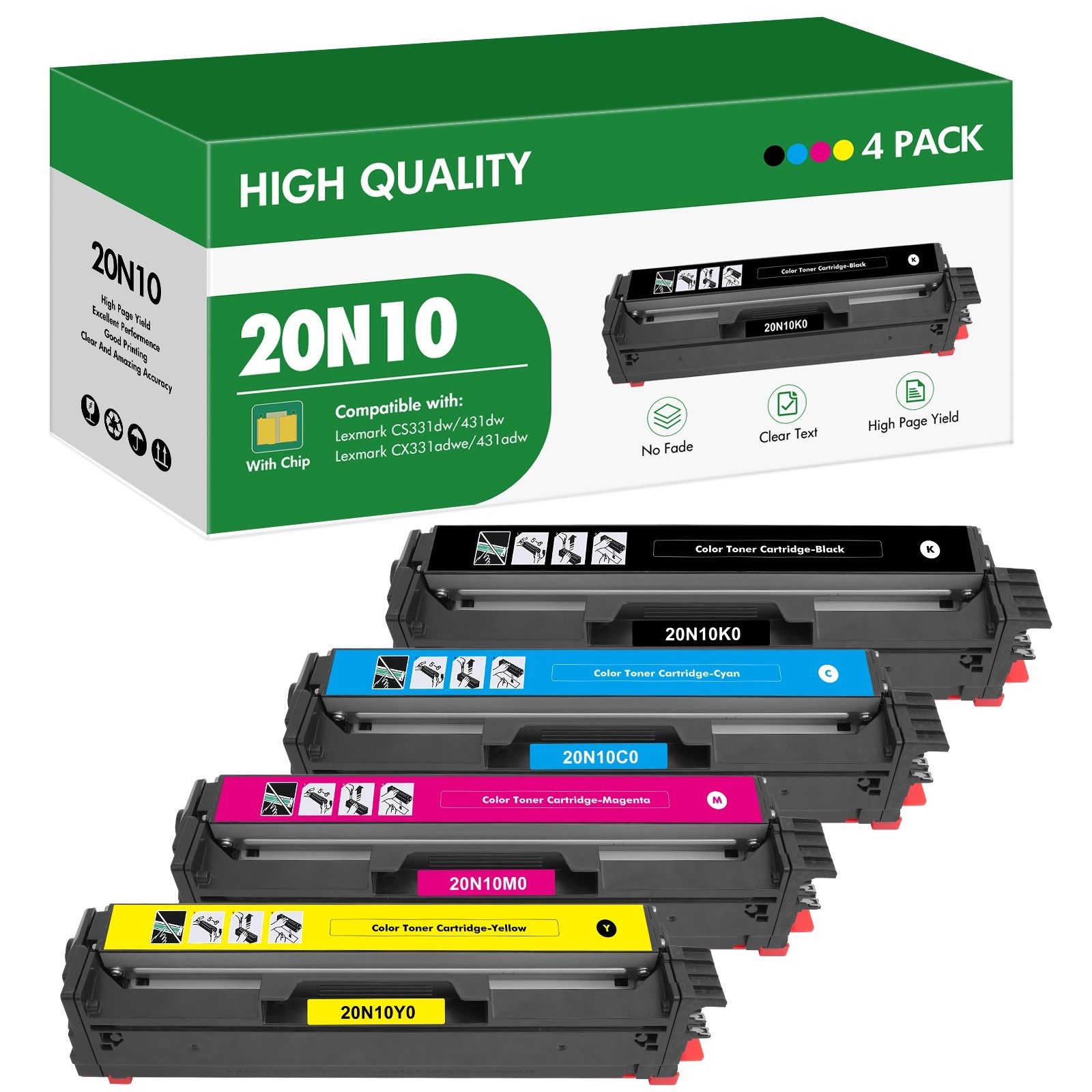 4-Pack Toner Cartridges for Lexmark CS331 CX331 20N10K0 20N10C0 20N10M0 20N10Y0