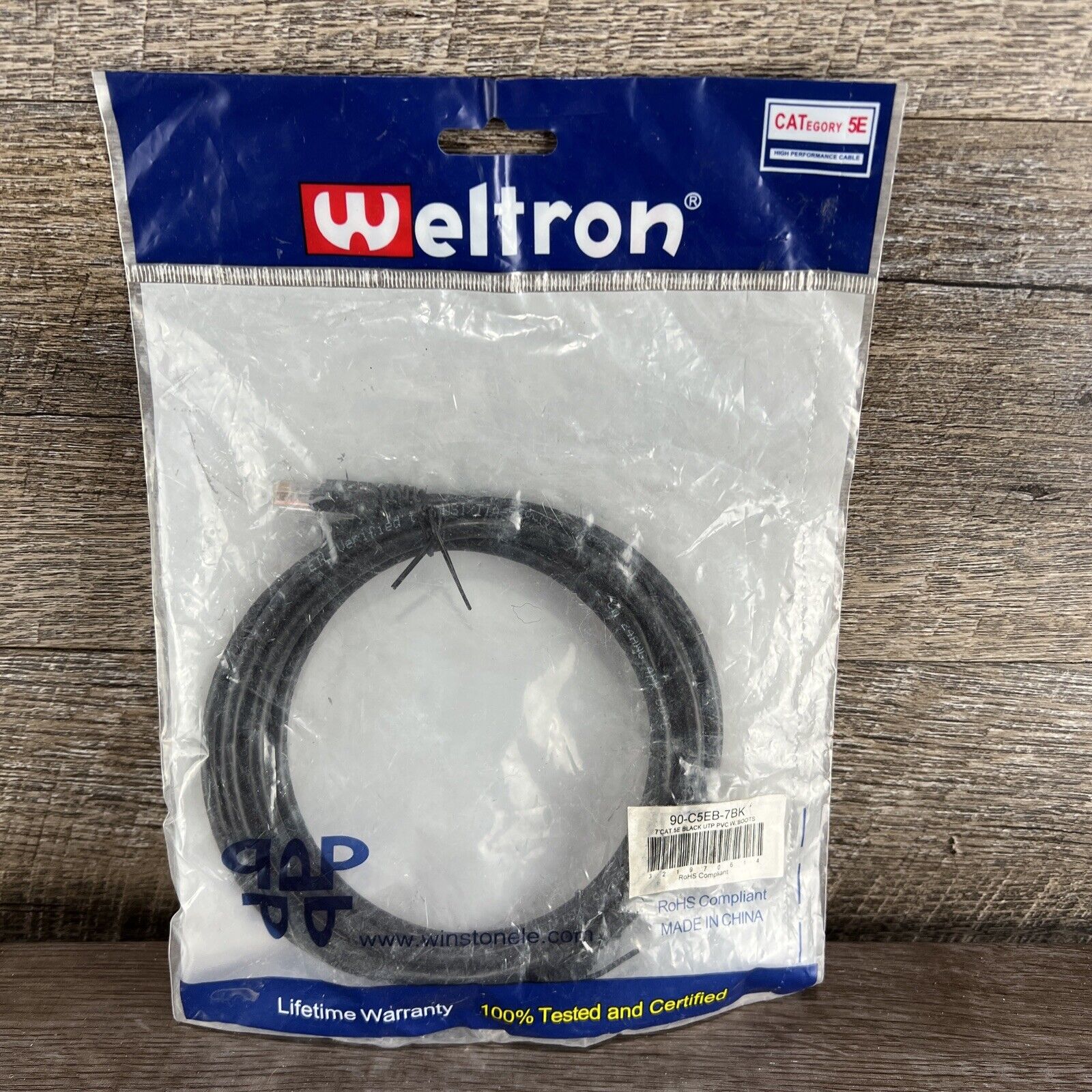 Weltron 90-C5E-7BK 7' Cat 5  UTP PVC w/Boots Patch Cable BLK New RoHS Compliant