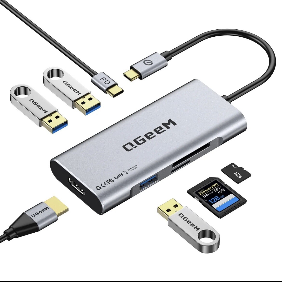 USB C Hub, QGeeM USB C to HDMI Adapter 4k, 7 in 1 USB C Dongle with 100W Powe...