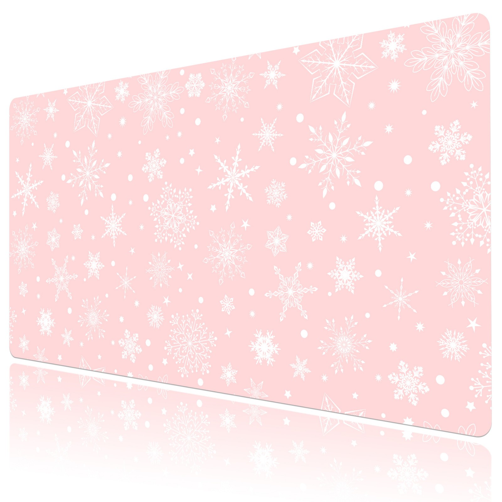 Winter White Snowflake Pink Christmas Desk Mat for Keyboard and Mouse Desk Pad