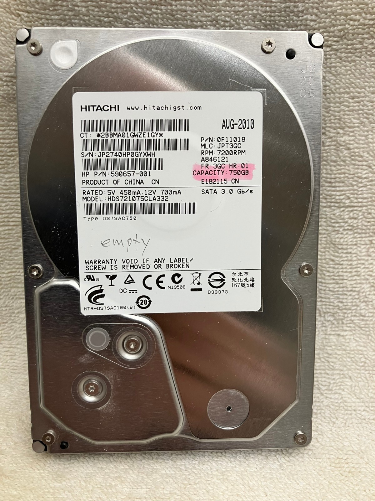 Hitachi HDS721075CLA332 P/N:0F11018 750GB 3.5" SATA Hard Drive