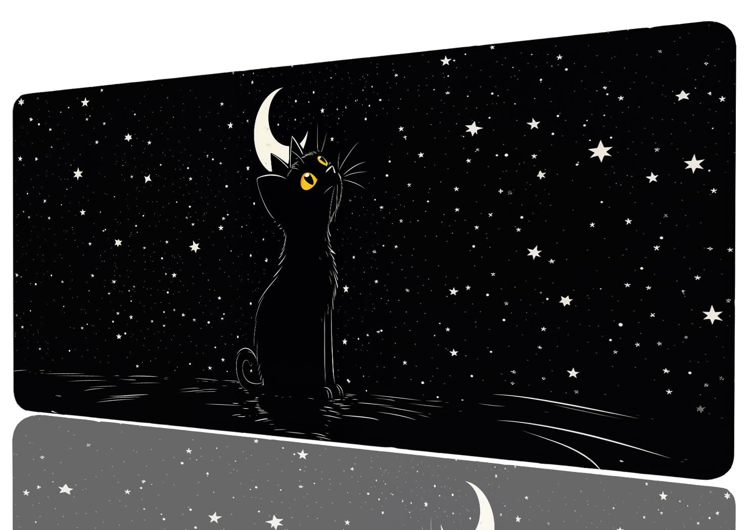 Cute Cat Extended Gaming Mouse Pad, Moon and Star Cartoon Black Cat Extended ...