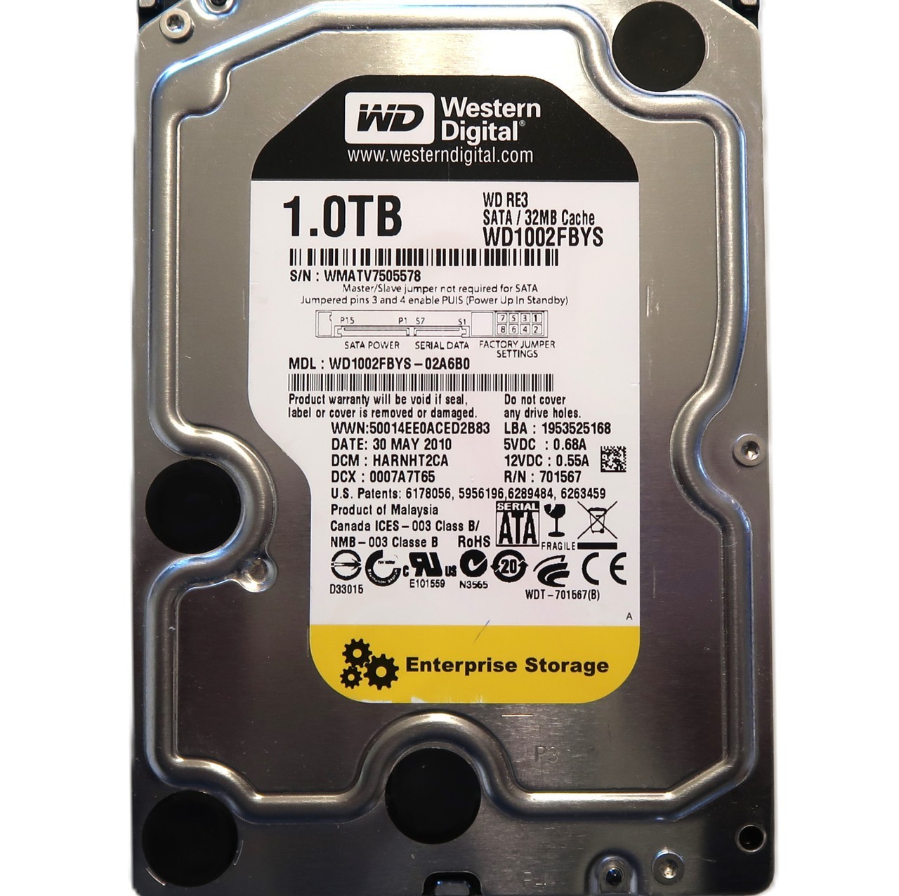 WD1002FBYS-02A6B0 DCM:HARNHT2CA (WMAT) Malaysia 3.5" 1000gb Sata HDD MAY/2010