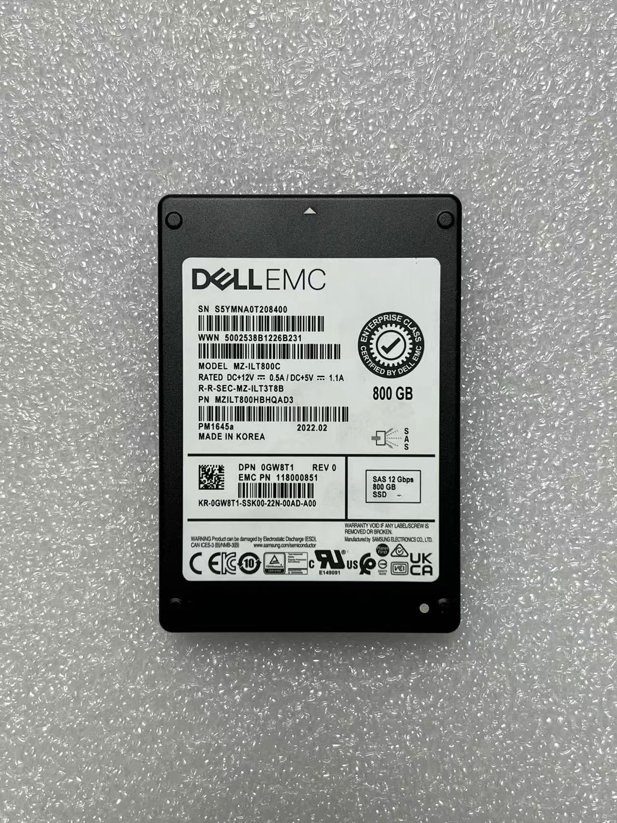 Samsung PM1645a 800G SAS 12G DELL DPN 0GW8T1 EMC PN 118000851 MZILT800HBHQAD3