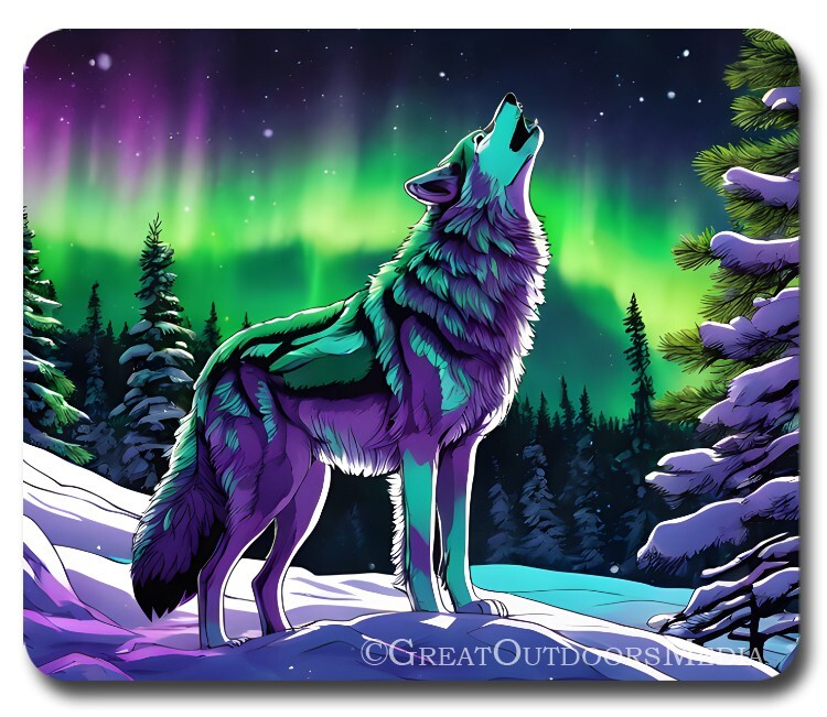 Northern Lights & Wolf Howling ~ Mouse Pad / PC Mousepad ~ Outdoor Nature Gift