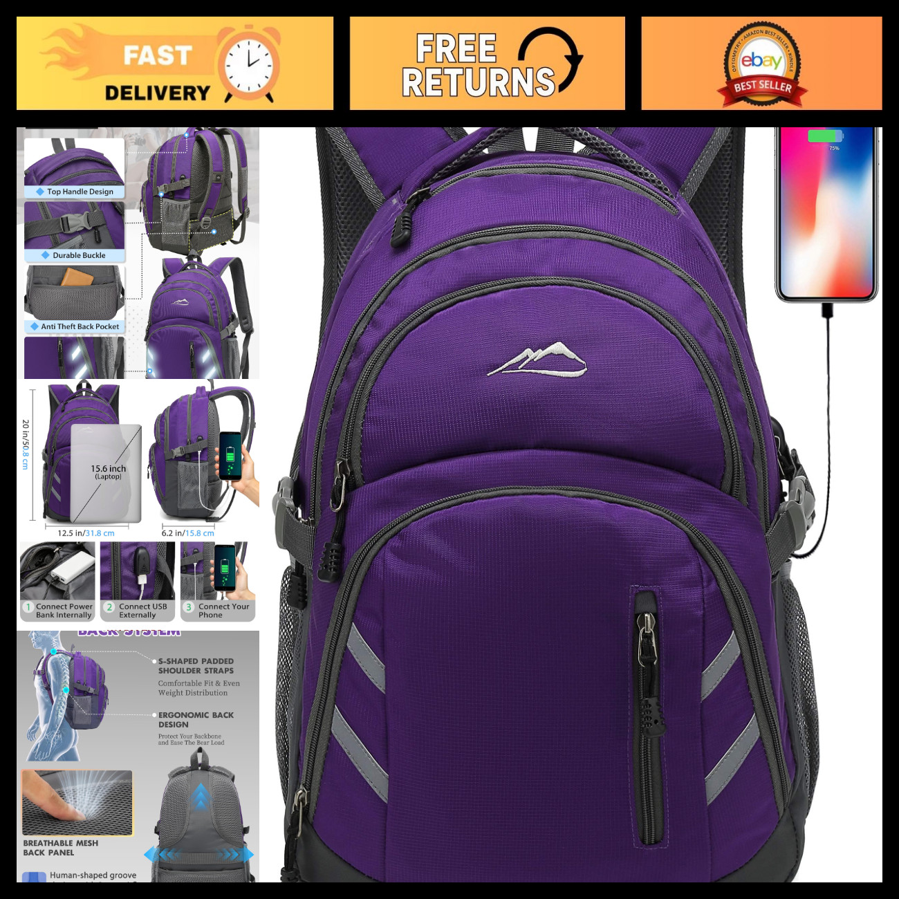 College Laptop Backpack with USB Charging Port, Anti-Theft, Fits 15.6" - Purple