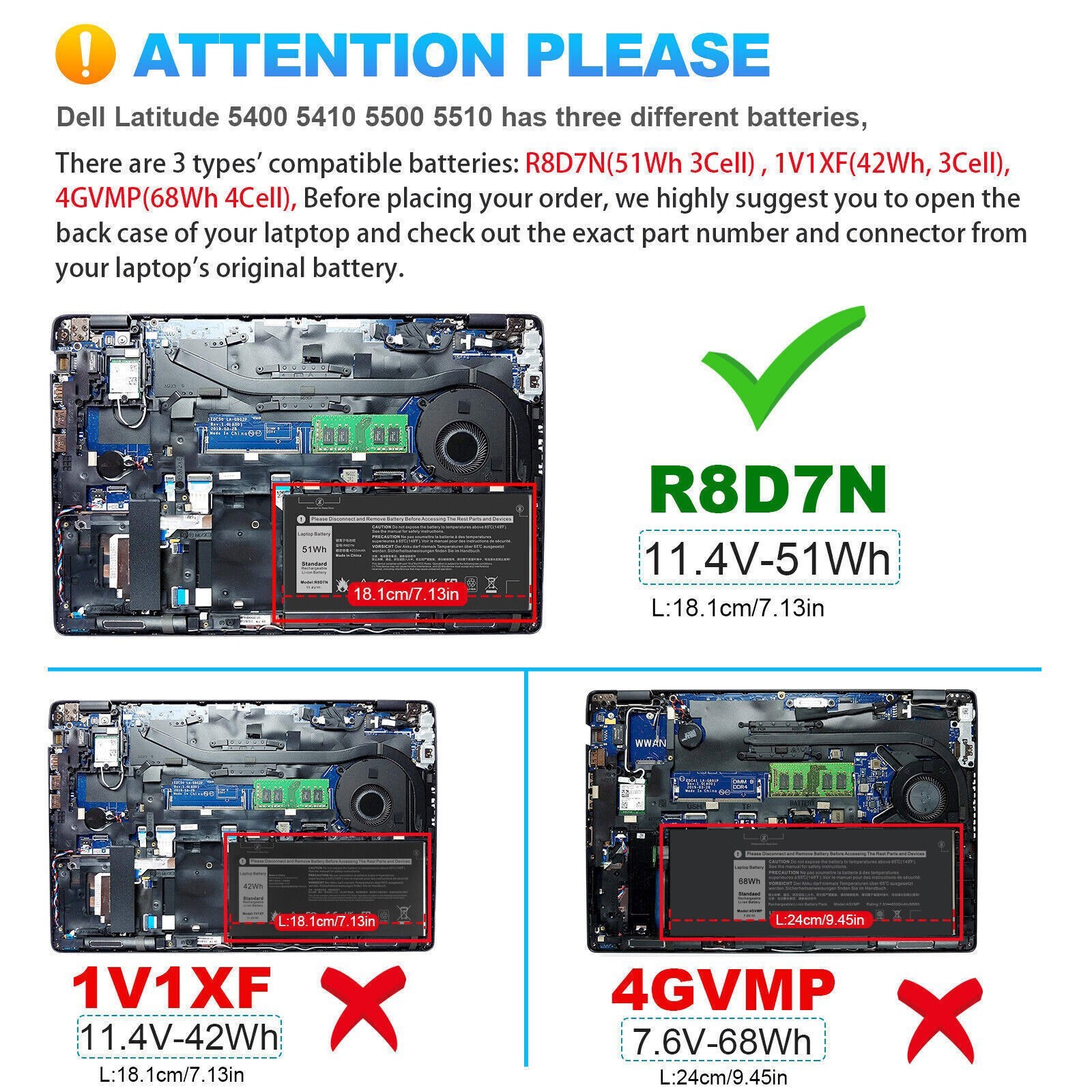 R8D7N Laptop Battery for Dell Latitude 5400 5410 5500 5510 W8GMW 1V1XF P84F 51Wh