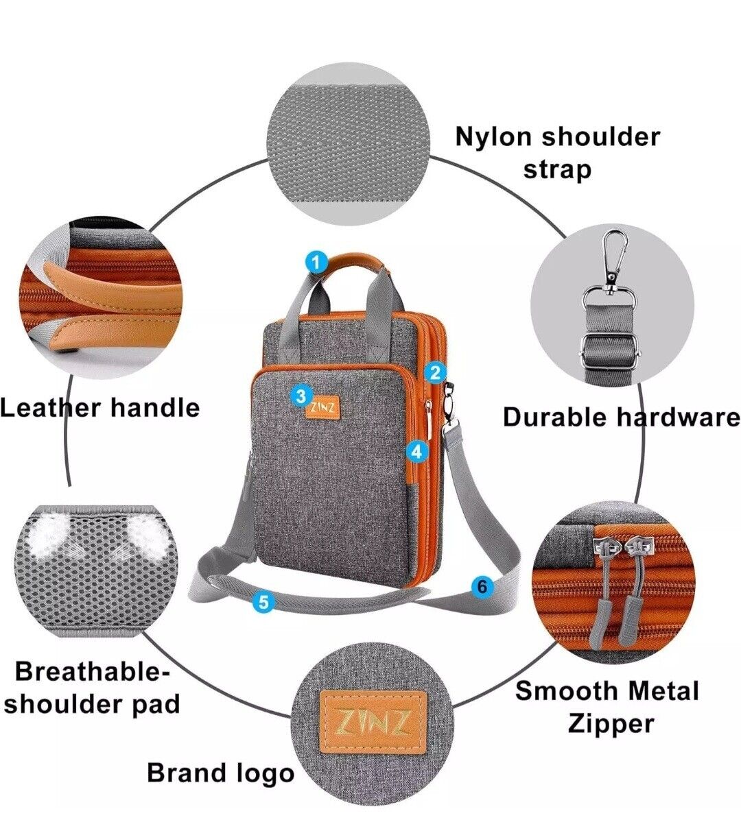 ZINZ Slim & Expandable 12.9-13 Inch Laptop Shoulder Bag 13 Inch, Gray&orange 