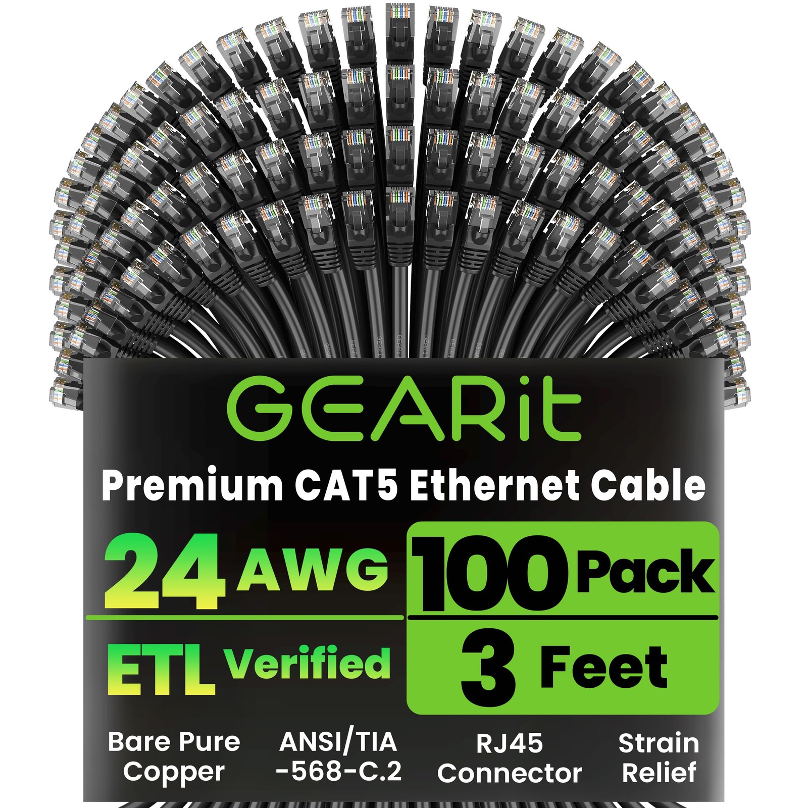GEARit 100-Pack, Cat5e Ethernet Patch Cable 3 Feet - Snagless RJ45 Computer L...