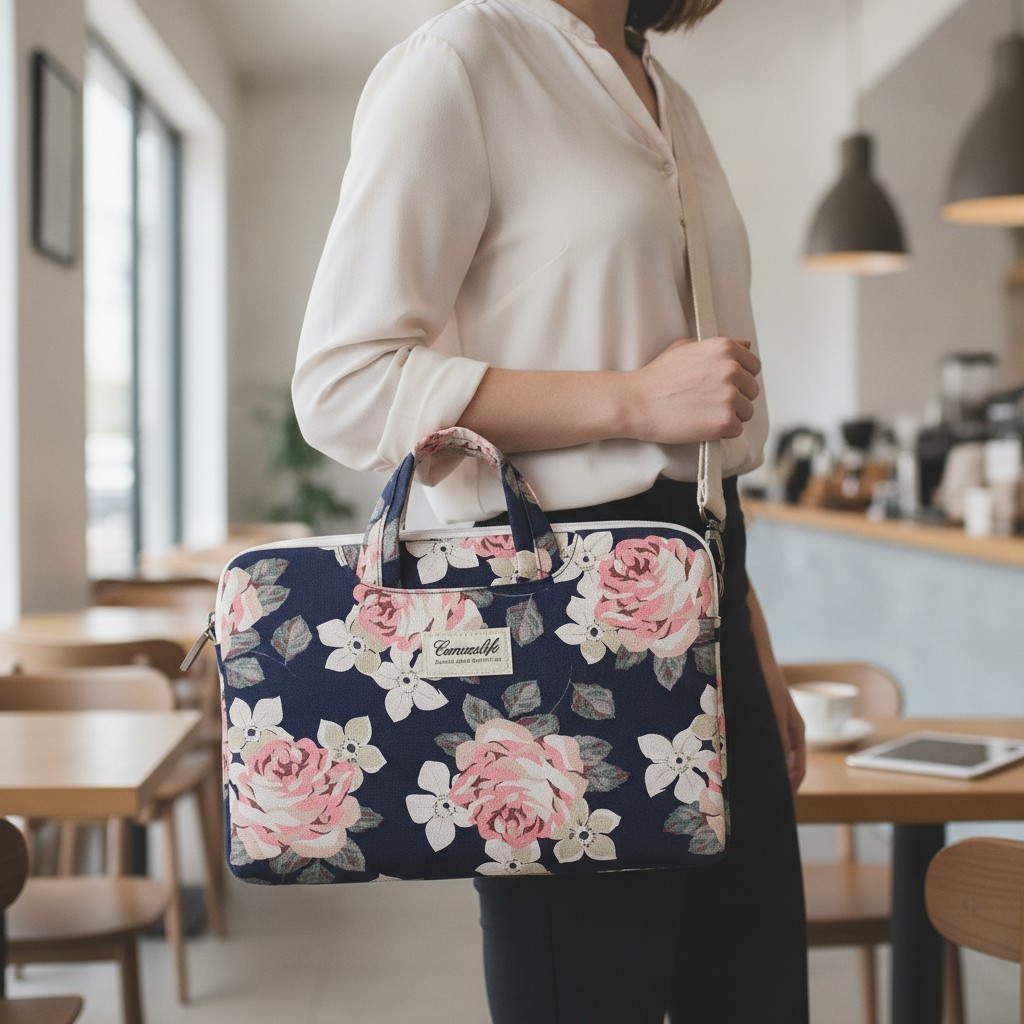 Stylish White Rose Laptop Shoulder Bag - Light, Durable & Protective Design