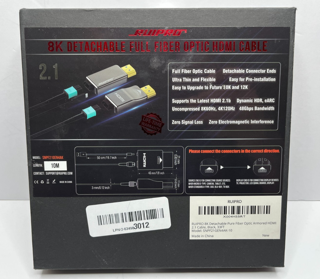 RUIPRO 8K Detachable Full Fiber Optic Armored HDMI 2.1 Cable 33FT, Ultra High...