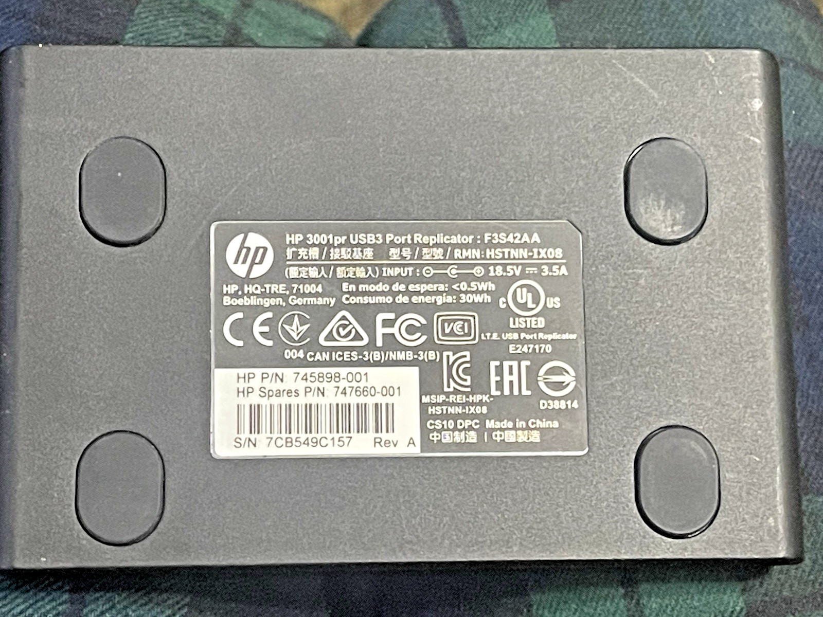 Used HP 3001pr USB 3.0 Port Replicator HDMI VGA USB3x2 ETHERNET F3S42AA