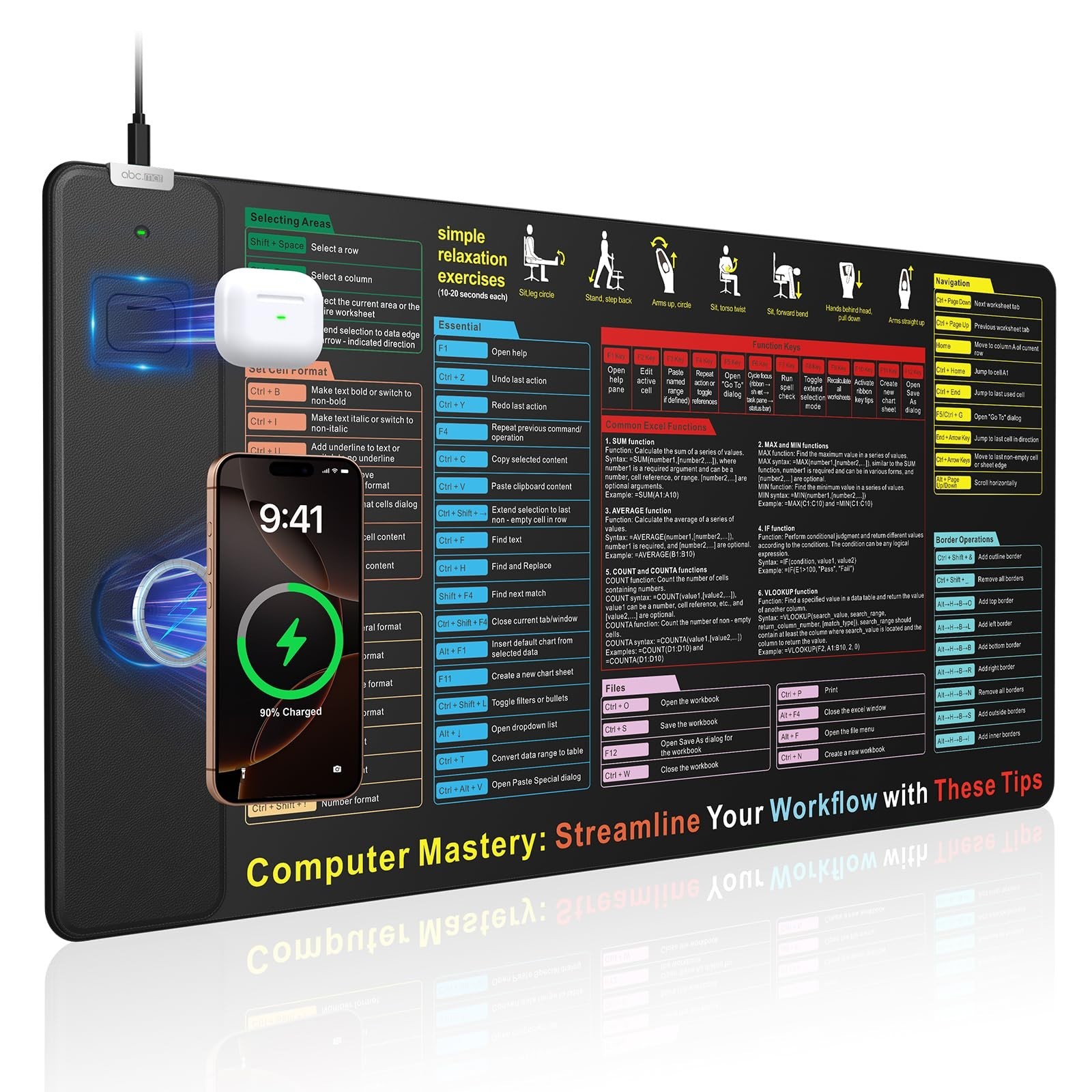 Large Excel Cheat Sheet Mouse Pad with Magnetic Wireless Charging - 31.5x15.8 in