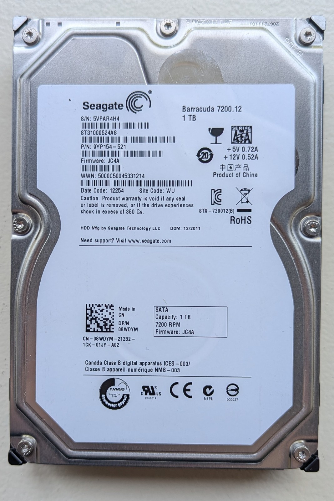 Seagate Barracuda 7200.12 1TB SATA 3.5in 7200RPM 32MB HDD ST31000524AS