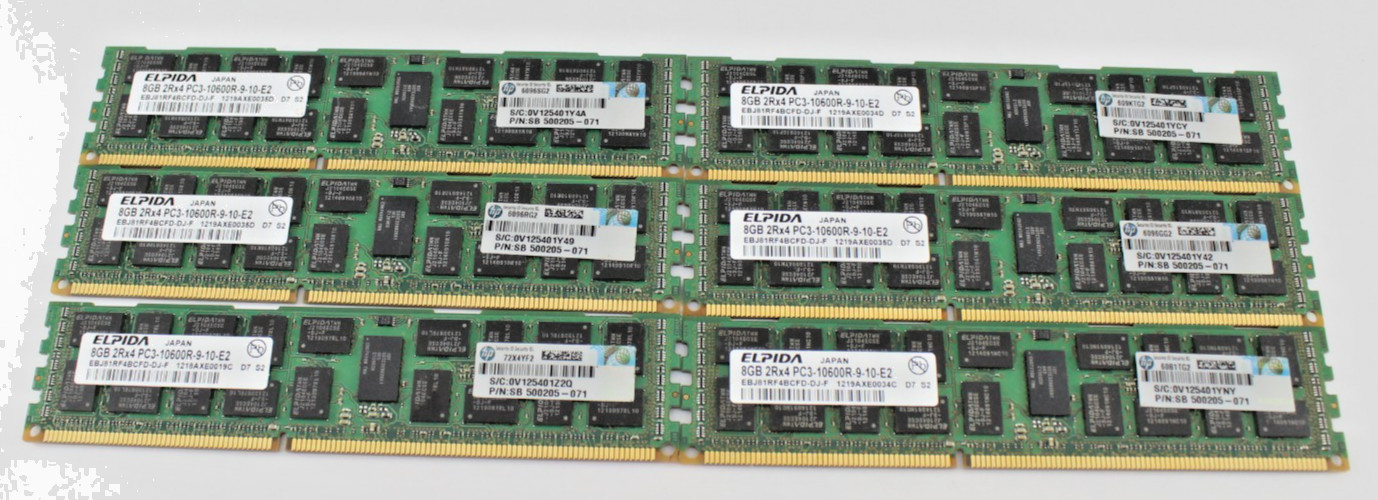 lot of 6 ELPIDA 8GB 2RX4 PC3-10600R-9-10-E2 EBJ81RF4BCFD-DJ-F