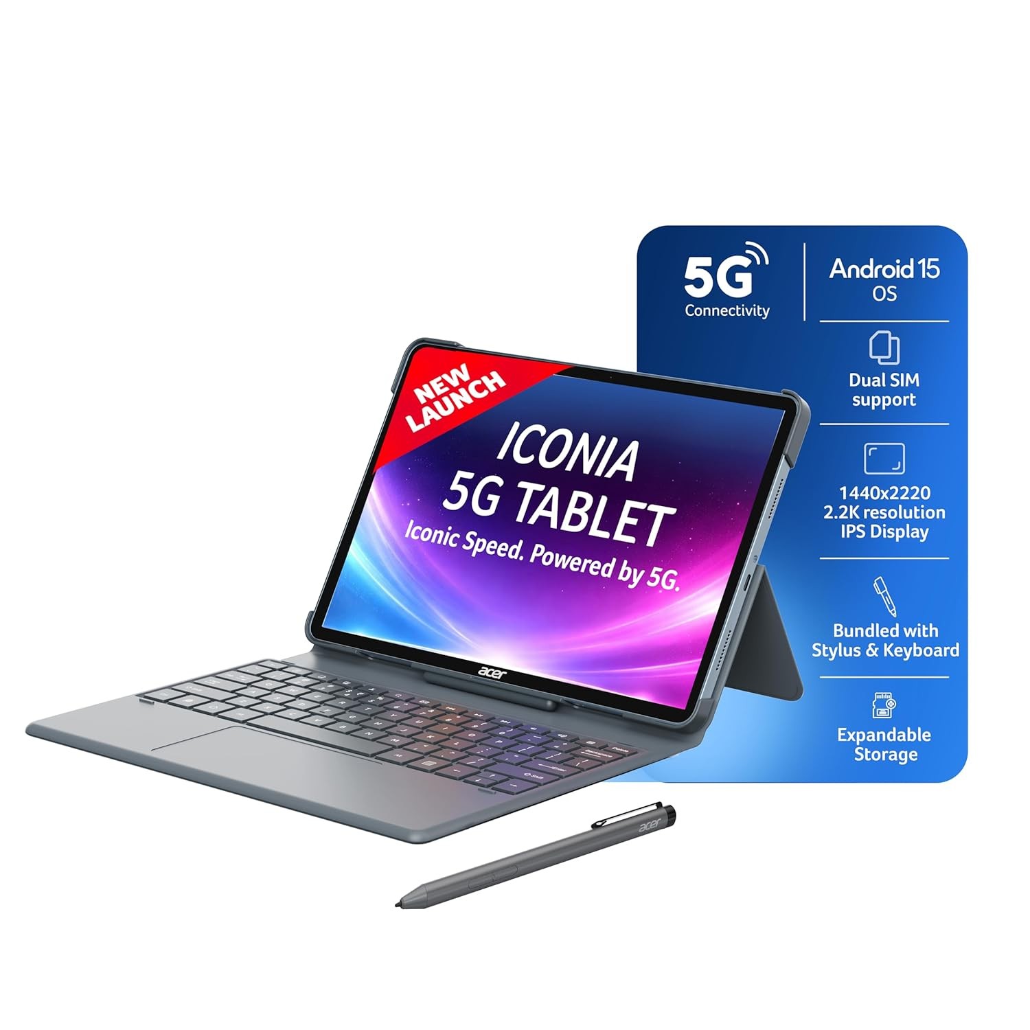 Acer Iconia 5G Tablet with Stylus Pen (8GB RAM + 128GB ) Slim Metal Body,Blue.
