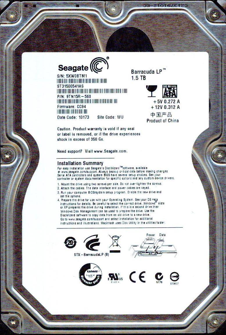 ST31500541AS,  9TN15R-568,  CC94,  WU, 5XW0,  SEAGATE SATA 1.5TB 