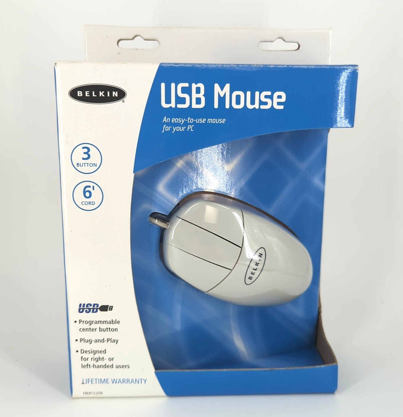 Vintage Belkin USB Mouse F8E813-USB 3 Button Programmable Plug & Play White NIB