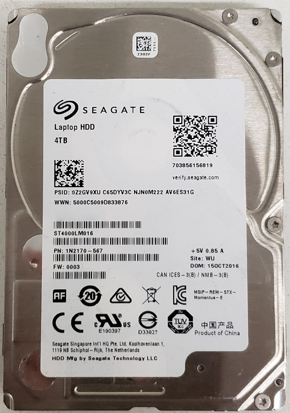 Seagate ST4000LM016 4TB 2.5" SATA 6Gb/s 5400RPM 128MB HDD P/N: 1N2170-567.