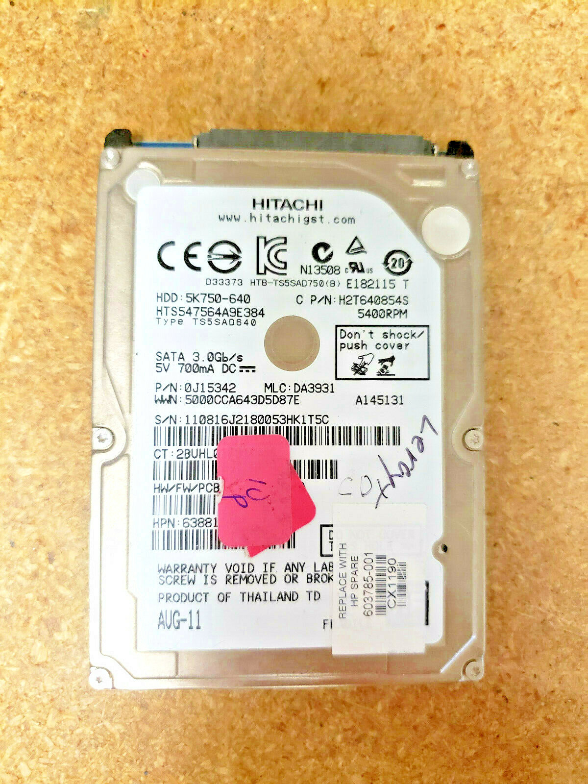 Hitachi HTS547564A9E3 640GB, Internal, 5400 RPM, 2.5" Hard Drive, Storage, As-is
