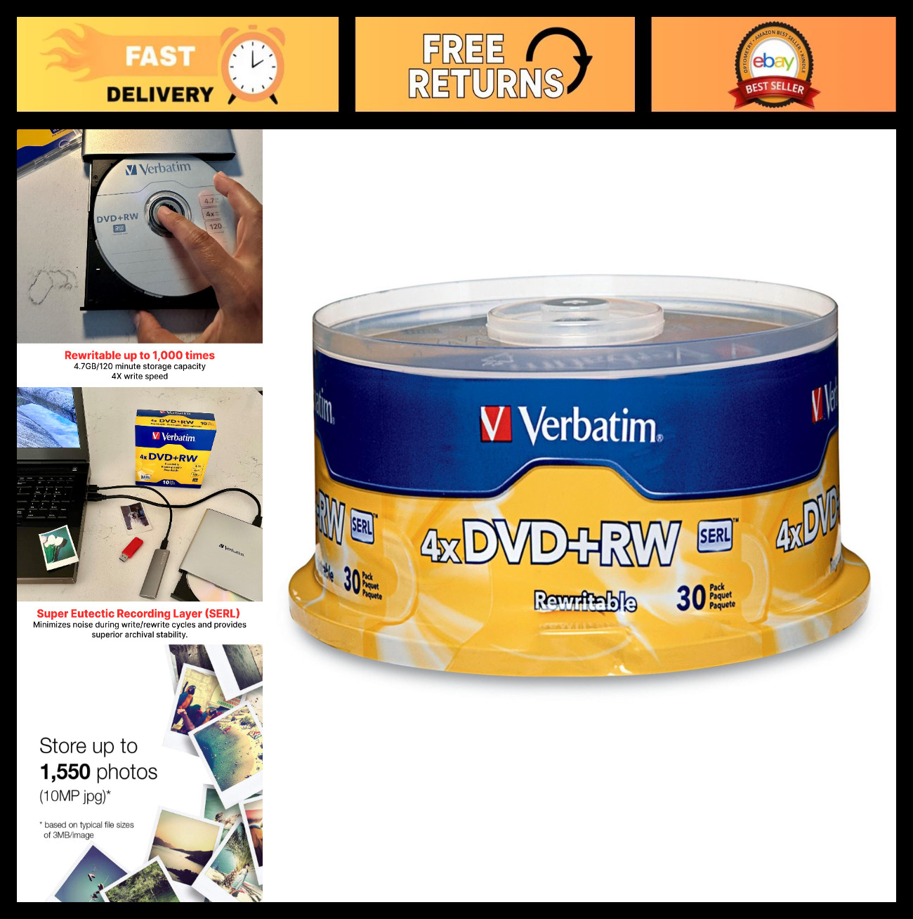 30pk Rewritable DVD+RW 4.7GB 120Min Blank Discs - Up to 1000 Times Use, 4X Speed