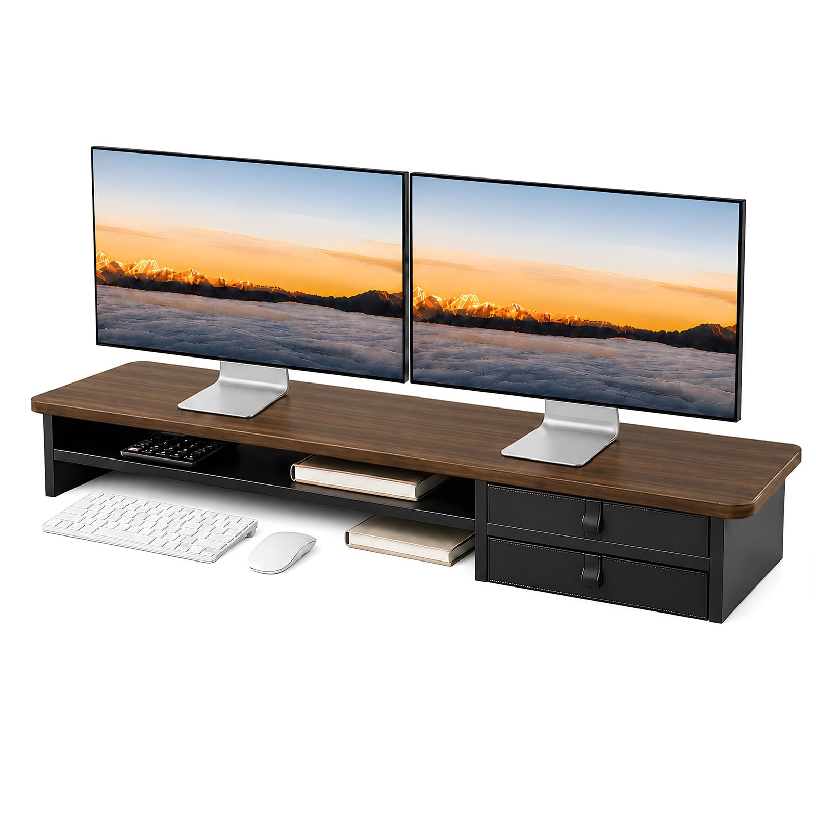 Dual Monitor Stand, 42.5 Inch Wood Monitor Riser with Drawers, 2 Tier Desktop...