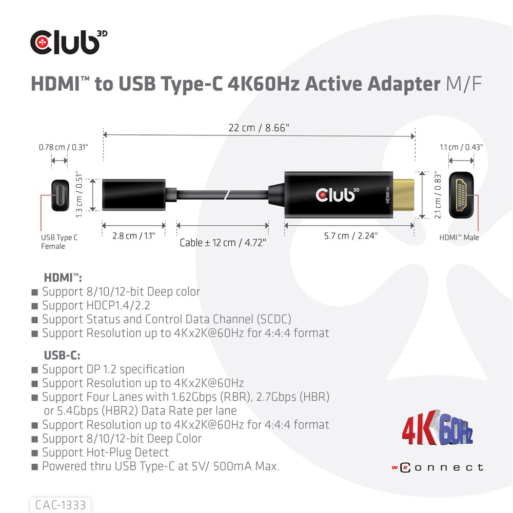 Club 3D Cac-1333 Hdmi To Usb-C 4K60Hz Adapter Active M/F Support Dp1.2