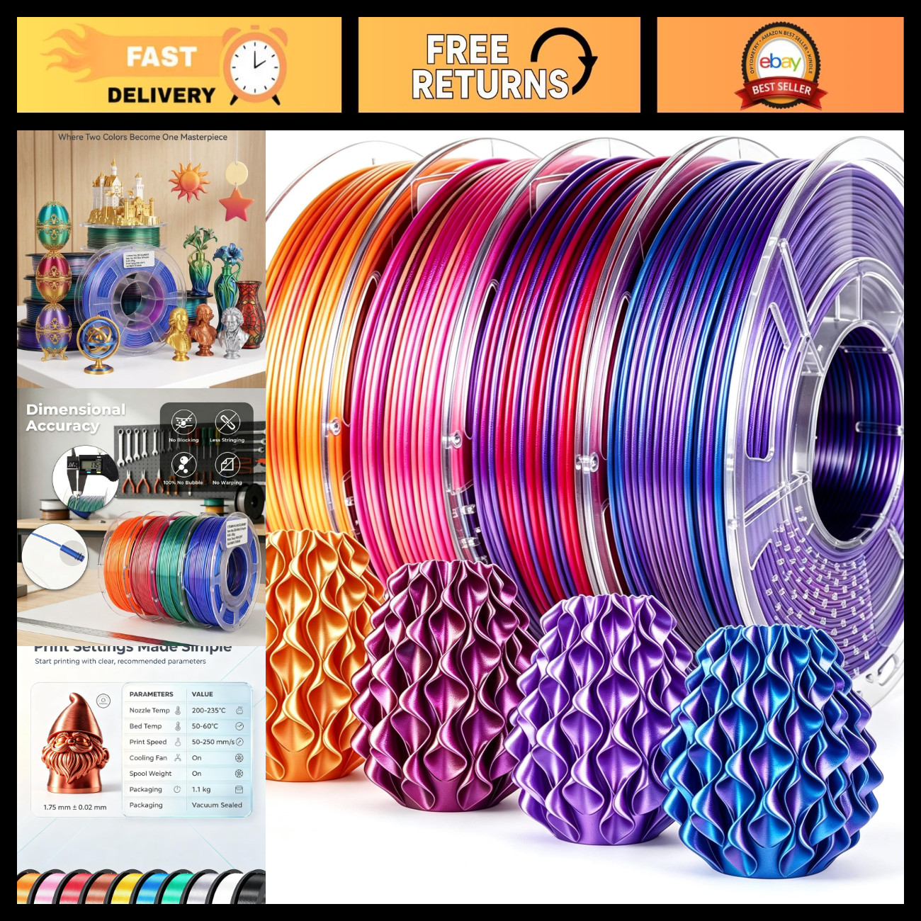 Shiny Dual Color Silk PLA 3D Printer Filament Bundle - High-Quality, Eco-Friendl