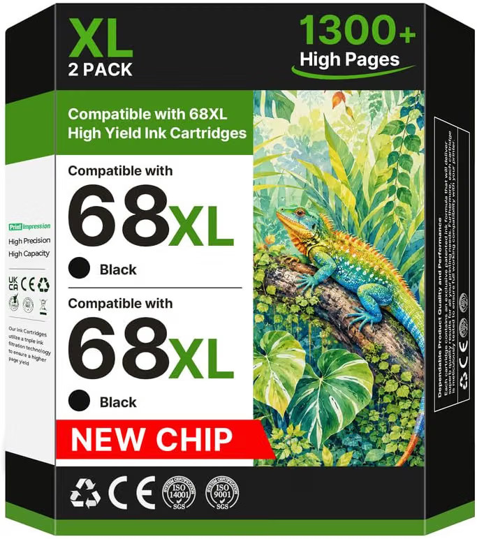 2 packs Compatible Black Ink Cartridge 68XL for 68 Ink for 6100e 6152e 6155e