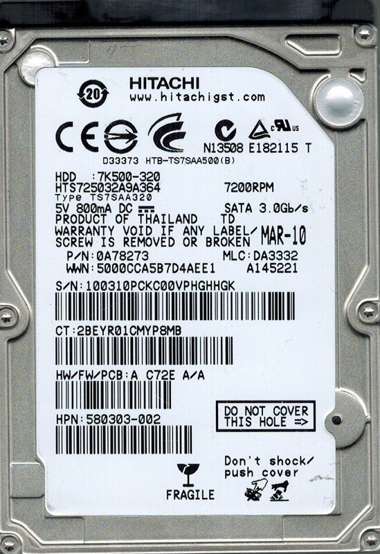 Hitachi HTS725032A9A364 P/N: 0A78273 MLC: DA3332 320GB