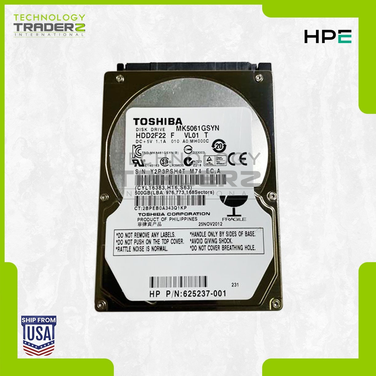 625237-001 HP 500GB 7.2K SATA 3Gbps 2.5” Hard Drive MK5061GSYN HDD2F22 W/O Tray