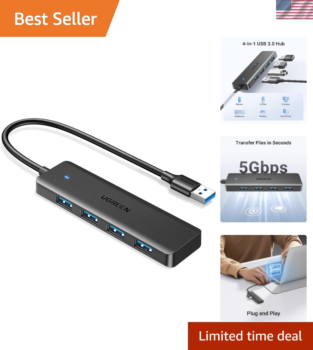 Ultra-Slim 4-Port USB 3.0 Hub - 5Gbps Data Transfer for Efficient Connectivity