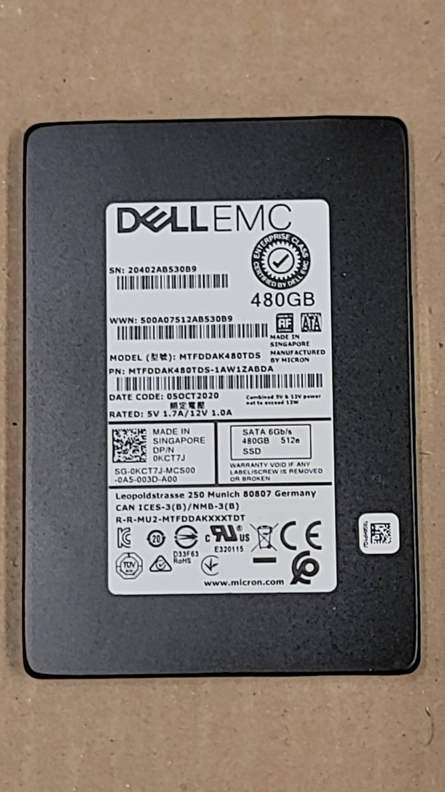 Dell KCT7J 0KCT7J  480GB SATA 6G 2.5" RI SSD  MTFDDAK480TDS 512e SATA Drive-Note