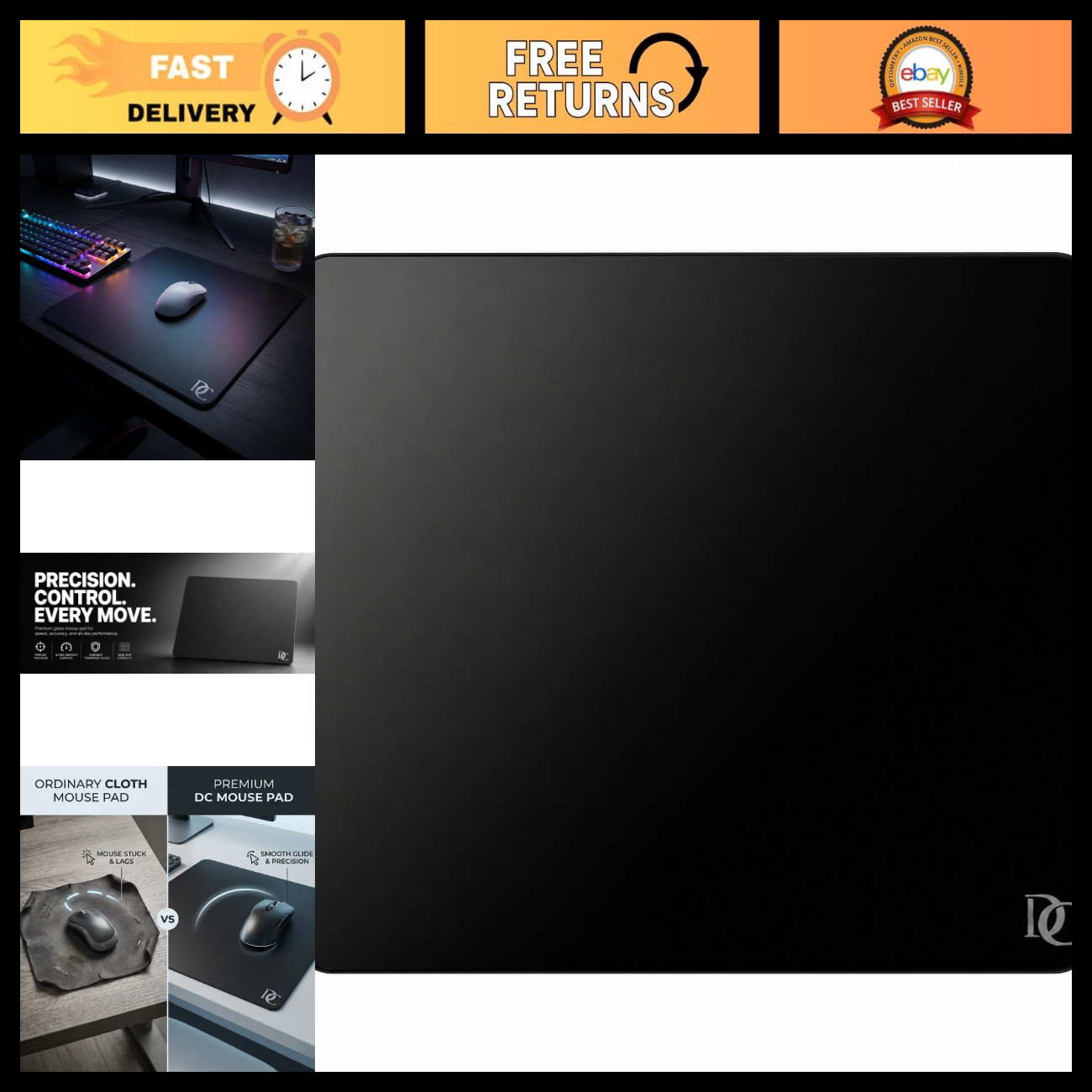 Premium Glass Mousepad - Micro-Etched Aluminosilicate, Matte Black, Durable & St