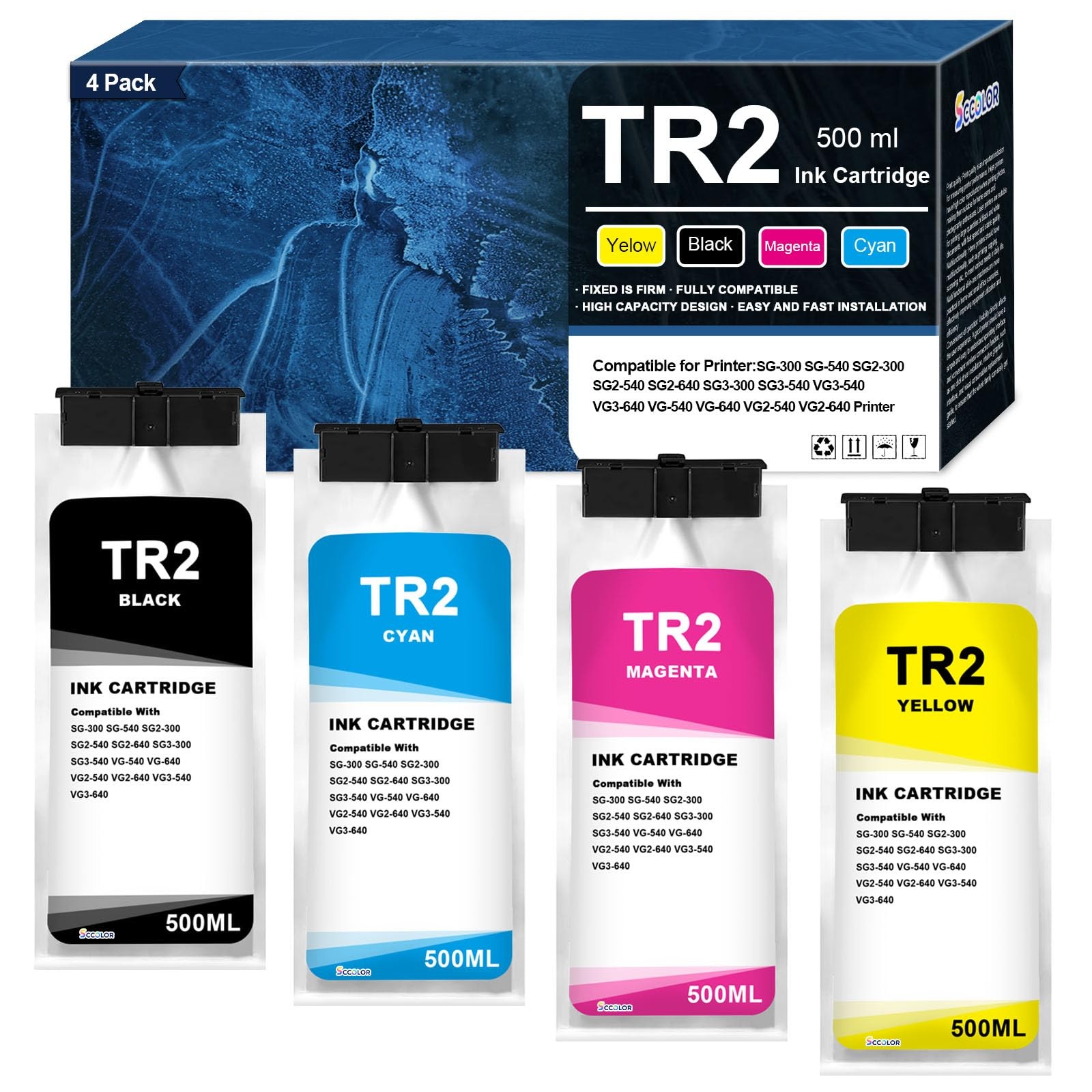 SCCOLOR TR2 Ink Cartridge 4-Pack 500ml Medium, TR2-BK TR2-C TR2-M TR2-Y