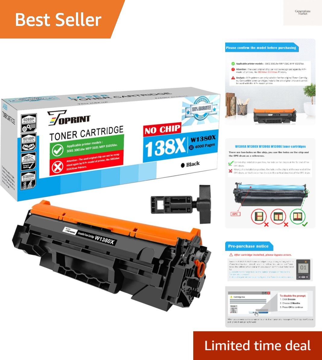 NO CHIP with Tool] 138X W1380X 138A W1380A Compatible Toner Cartridge Black H...