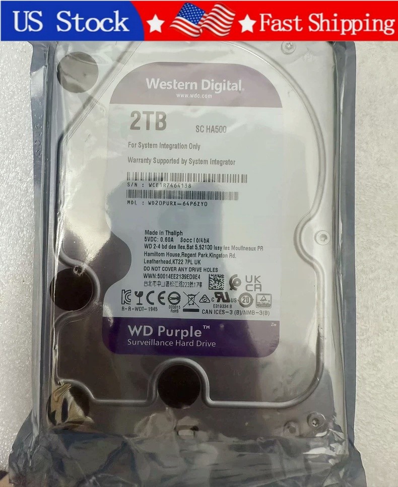 1PCS New Western Digital WD20PURX 64P6ZY0 Purple 2TB 5400RPM 3.5" SATA 64MB HDD