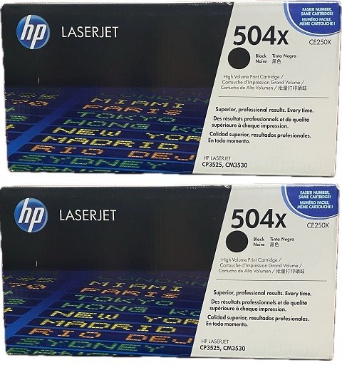 2 Genuine SEALED HP CE250X Black Toner Cartridges 504X Black Boxes