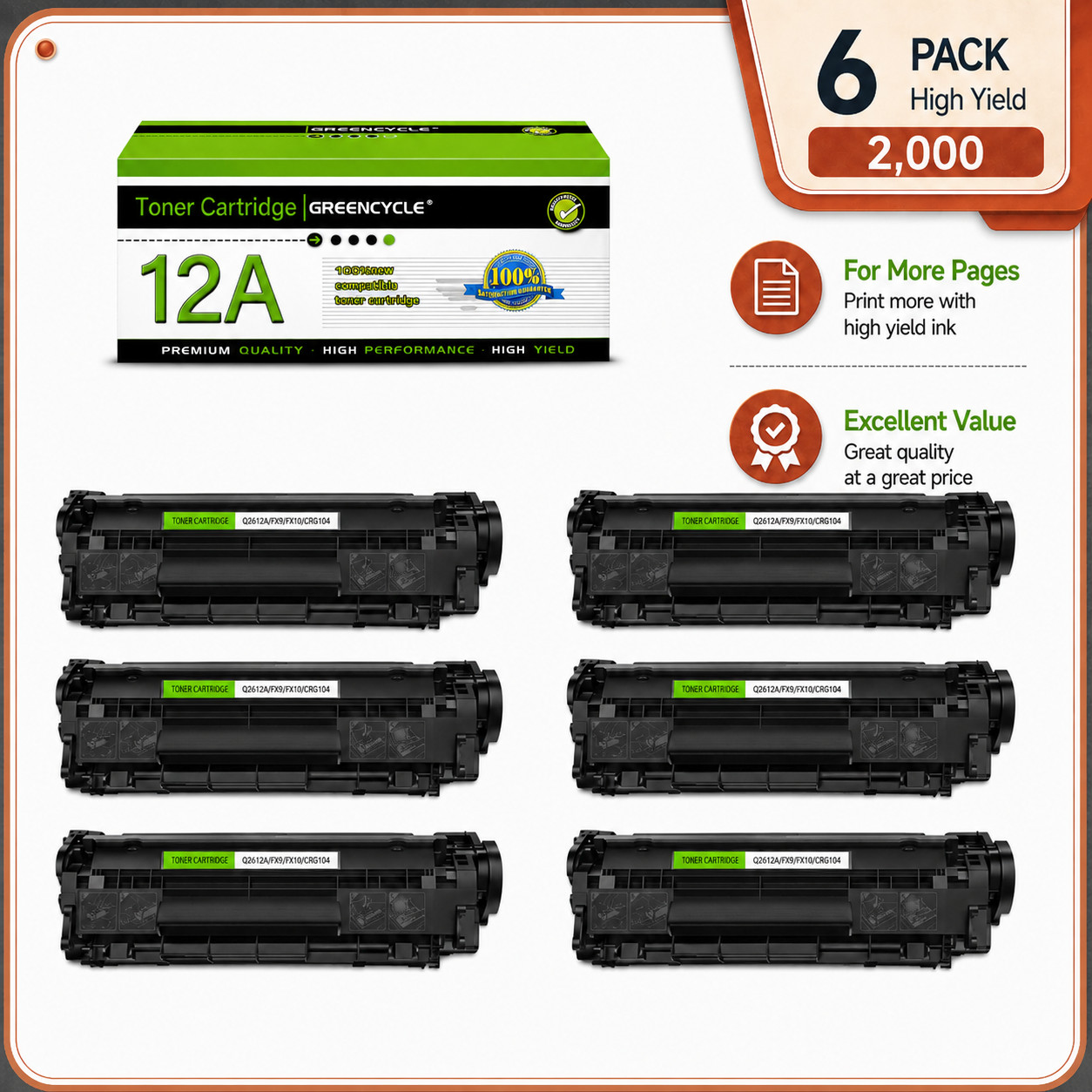 Greencycle - 6 PACK Q2612A 12A Black Toner for HP LaserJet 1010 1012 1015 1020
