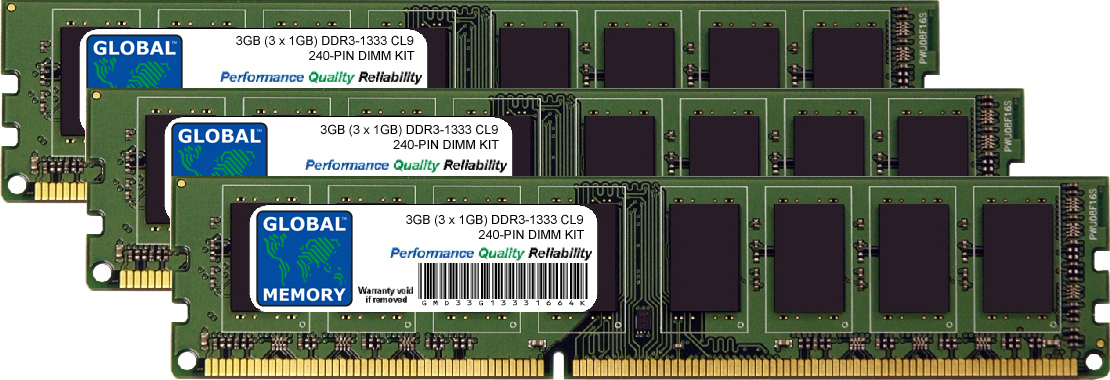 3GB (3x1GB) DDR3 1333MHz PC3-10600 240-PIN DIMM MEMORY RAM KIT FOR DESKTOPS/PCS