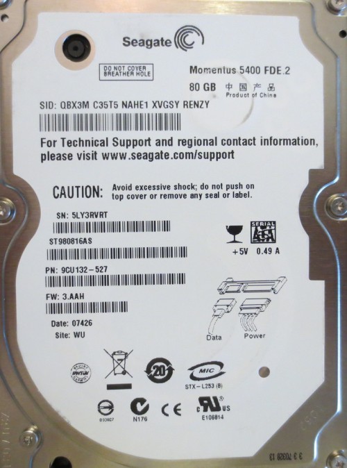 ST980816AS 9CU132-527 FW:3.AAH WU 2.5" 80gb Sata Laptop Drive