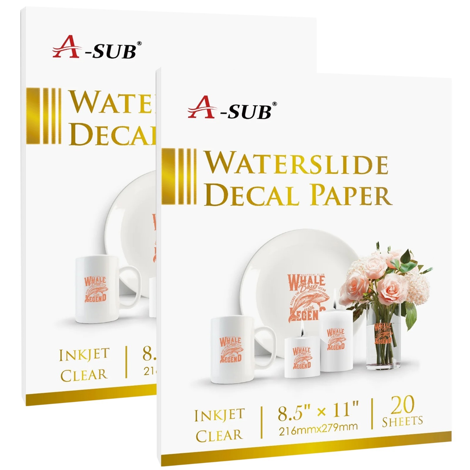A-SUB Waterslide Decal Paper Inkjet Clear 8.5x11  Water Slide Transfer 40 Sheets