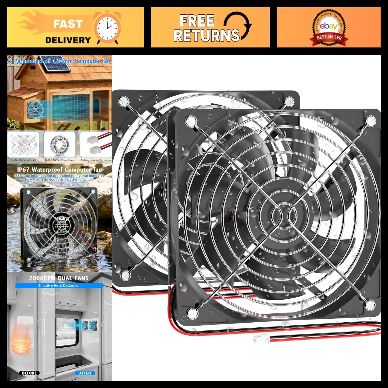 120mm x 25mm 12V Waterproof Cooling Fan - IP67 Rated, 2 Pack for Optimal Airflow